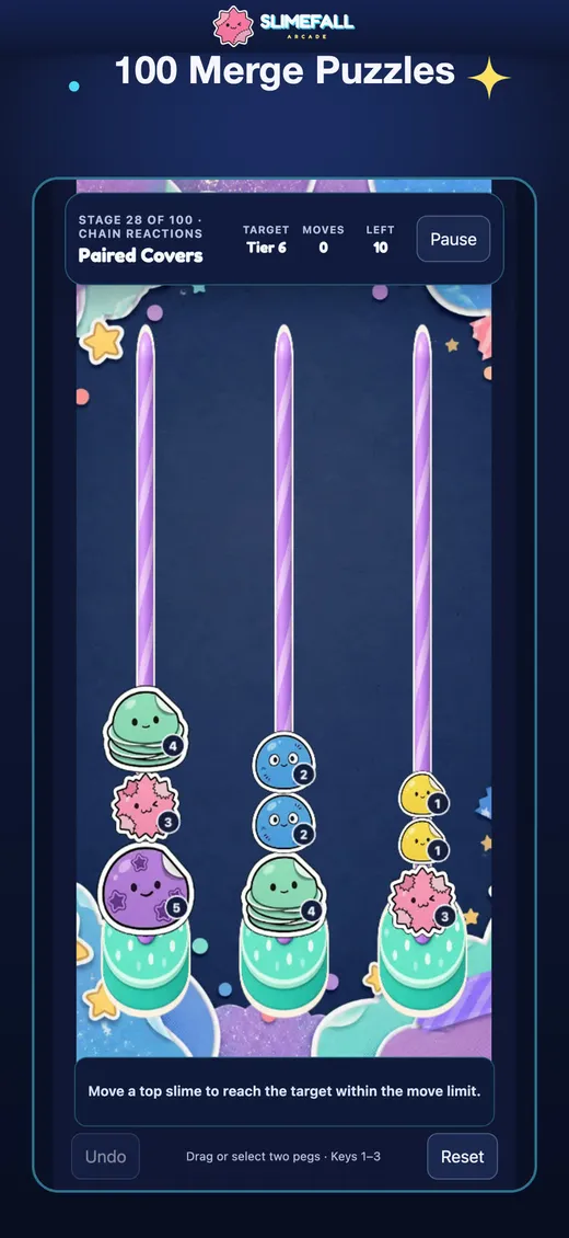 Slimefall Arcade: 100 merge puzzles in Slime Stack.