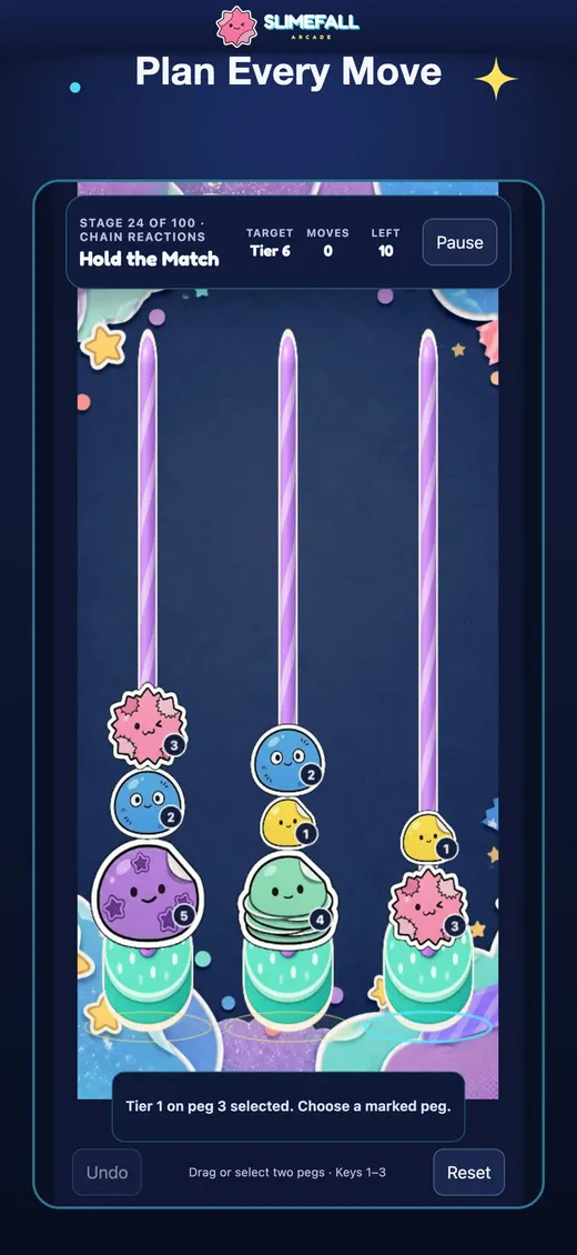 Slimefall Arcade: plan every move across three pegs in Slime Stack.